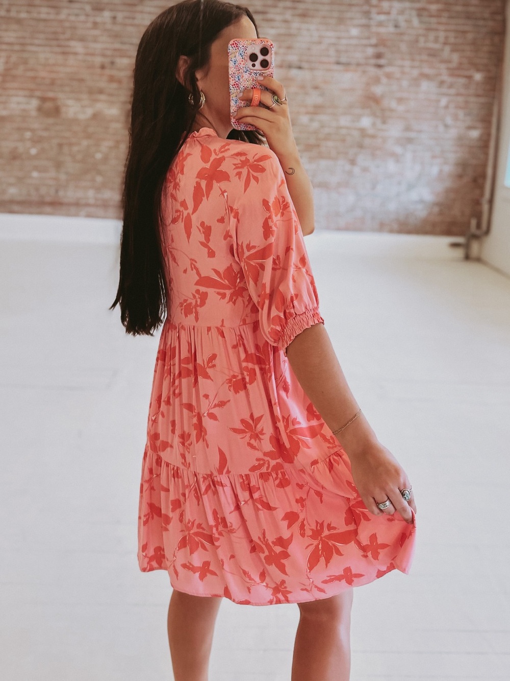 THML Pink Floral Tiered Dress with Puff Sleeves - Picture 3 of 3